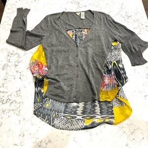 Yellow Bird Gray Cardigan‎ Tunic Small Abstract Patchwork Long Sleeve Top